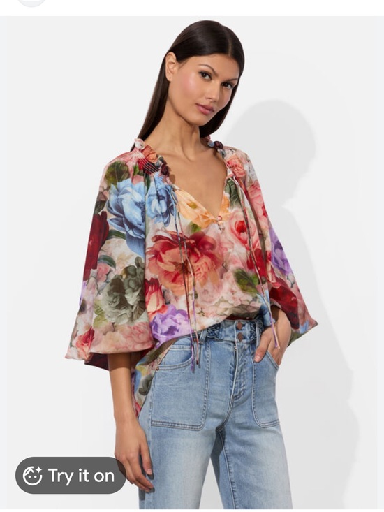 Alice + Olivia Tops - Alice and Olivia Norah Ruffle Peasant Top Cotton Silk Red Blue Floral Sz S